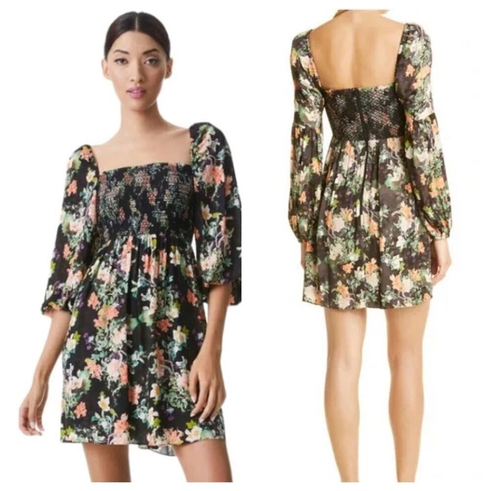 Alice + Olivia Cooper Dress Smocked Floral Mini Long Sleeve Boho Flowers Size 4